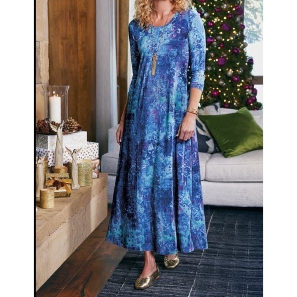 Soft Surroundings Santiago Stretch Velvet Maxi Dress Boho Modest Blue Size L